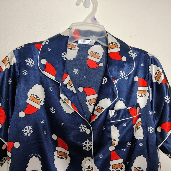 NWOT Ekouaer Navy Blue Santa Claus Print Satin Pajama Set Blouse & Shorts Sz S - Picture 5 of 15